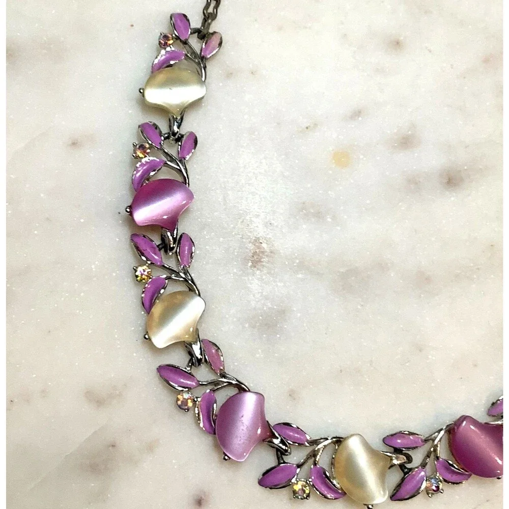 Vintage Necklace Purple Moonglow Thermoset Plastic AB Crystal Choker Collar